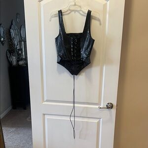 naked wardrobe Black Faux Leather Lace-Up Corset Bodysuit.  Croc embossed